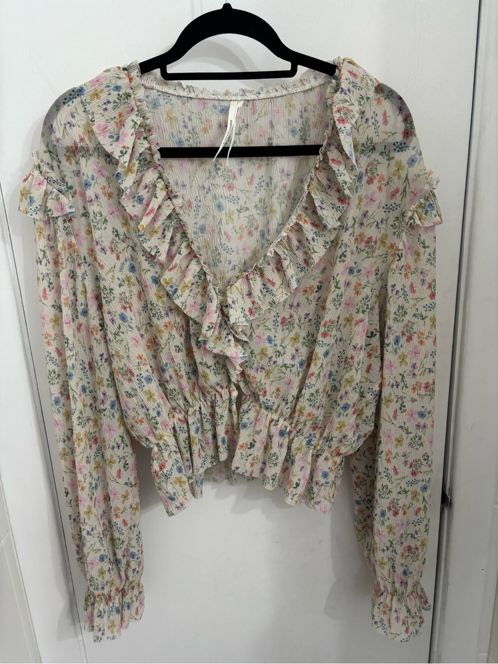 Anthropologie Cream Floral Ruffle V-Neck Blouse